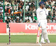 Virender Sehwag holds the top two highest individual score for India. Sehwag waits at the bowler's end.jpg