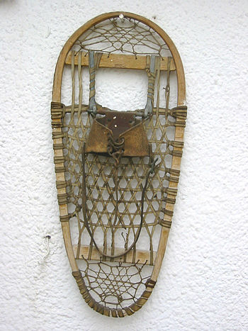 Classic wooden-framed, rawhide-latticed snowshoe (metal frame components and coarse weave)
