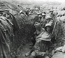 Soldiers in a trench during the Gallipoli Campaign of World War I.