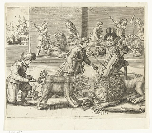 Dutch political cartoon, published in 1652. The Dutch Lion is lulled to sleep by the music of the Spanish cello, but is awakened by Cromwell tickling 