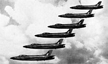 Close formation of six Swifts, 1956 Swift FR5s 2 Sqn RAF in flight 1956.jpg