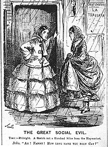 Cartoon from Punch magazine in 1857 illustrating the use of "gay" as a colloquial euphemism for being a prostitute. One woman says to the other (who looks glum), "How long have you been gay?" The poster on the wall is for La Traviata, an opera about a courtesan. The Great Social Evil, Punch 1857.jpg