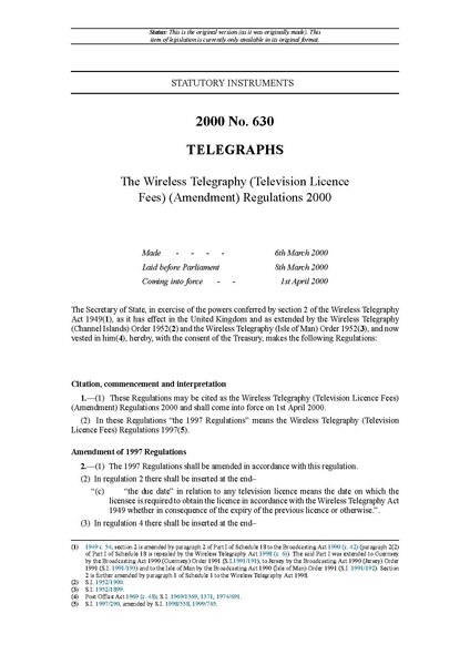 File:The Wireless Telegraphy (Television Licence Fees) (Amendment) Regulations 2000 (UKSI 2000-630).pdf