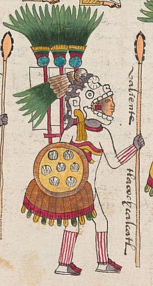 A tlacochcalcatl pictured in the Codex Mendoza folio 67r. He is brandishing a shield (chimalli) and a lance (tepoztopilli), he wears a skull helmet, dyed cotton armour and has a banner (pamitl) on his back Tlacochcalcatl.jpg