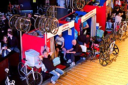 Riders rest in small cabins beside the track when the race is in progress Track cycling six days 02.JPG