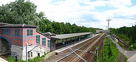 À gauche: bâtiment de la gare et quai du S-Bahn, à droite: quai du chemin de fer du parc