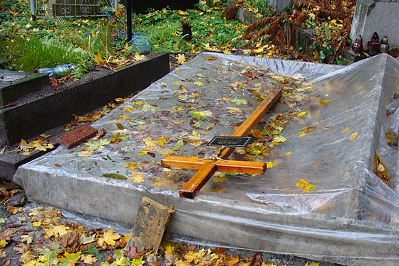 Green and yellow leaves on a wet plastic covering a new grave