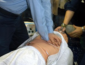 US Navy 040421-N-8090G-001 Hospital Corpsman 3rd Class Flowers administrerer brystkompresjoner til et simulert offer for hjertestans.jpg