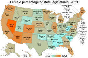 Percentage of state legislature that is female. US map. Percentage of state legislature that is female. By state.svg