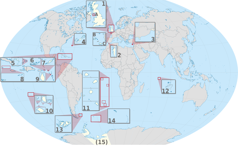 Locations of UK dependencies (crown dependencies alphabetised, overseas territories numbered): A Isle of Man; B Guernsey; C Jersey; 1 United Kingdom; 2 Gibraltar; 3 Akrotiri and Dhekelia; 4 Bermuda; 5 Turks and Caicos Islands; 6 British Virgin Islands; 7 Anguilla; 8 Cayman Islands; 9 Montserrat; 10 Pitcairn Islands; 11 Saint Helena, Ascension and Tristan da Cunha; 12 British Indian Ocean Territory; 13 Falkland Islands; 14 South Georgia and the South Sandwich Islands; (15) British Antarctic Territory United Kingdom (overseas+crown dependencies), administrative divisions - Nmbrs (multiple zoom).svg