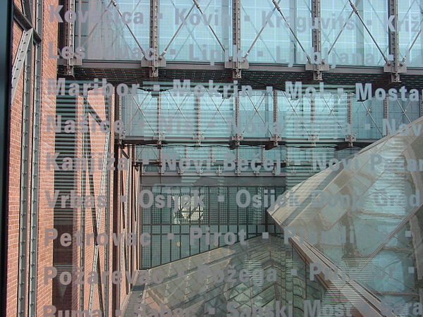 Bridges in the USHMM. Blue glass etched with names and places lost during the Holocaust.