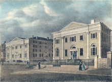 Ninth Street Campus, located on the west side of Ninth Street between Market and Chestnut Streets, and a hand-colored lithograph created in 1842 by John Caspar Wild of Medical Hall (left) and College Hall (right), both built 1829-1830 University of Pennsylvania Medical Hall and College Hall 1842.png