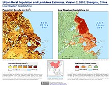 Population density and low elevation coastal zones in Jiangsu. Jiangsu is particularly vulnerable to sea level rise. Urban-Rural Population and Land Area Estimates, v2, 2010 Shanghai, China (13874137394).jpg