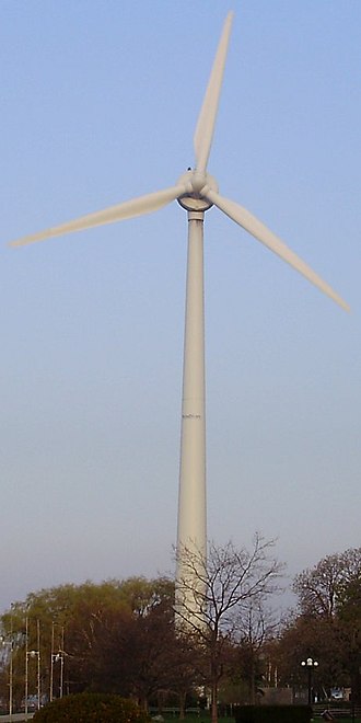 The Toronto WindShare ExPlace turbine viewed straight on, its blades facing east. WindShare Turbine Forward.jpg