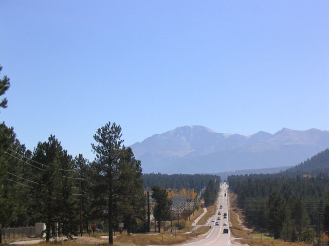 SH 67 near Woodland Park with Pikes Peak in the background