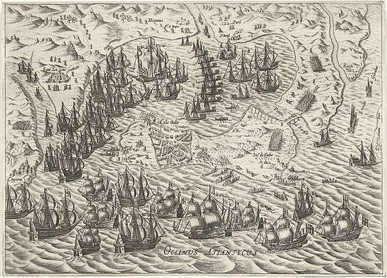 The battle of Cadiz Bay in 1596 Zeeslag voor Cadiz, 1596, RP-P-OB-80.181.jpg