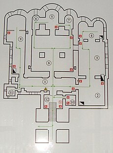 План Благовещенского собора. 1-паперть; 2,3 — основная экспозиция; 4 — алтарь южного предела; 5 — алтарь летнего храма; 6 — жертвенник; 7 — дьяконник; 8 — летний храм; 9 — фондохранилище; 10 — помещение для научных сотрудников; 11 — помещение для тех. персонала; 12 — помещение для сторожей