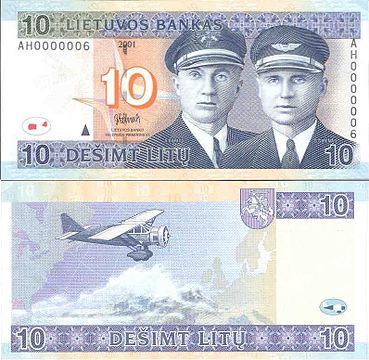 Bellanca CH-300, "Lituanica", on the reverse of 10 litas banknote 10 litai (2001).jpg