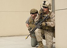 A DSS assistant regional security officer (left) and a Marine with Fleet Anti-terrorism Security Team Europe during an exercise at the U.S. embassy in Belgrade 160401-N-UJ417-075 DSS FASTEUR Embassy Belgrade.jpg