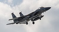 A US Air Force F-15C Eagle, tail number 81-0032, on final approach at Kadena Air Base in Okinawa, Japan.