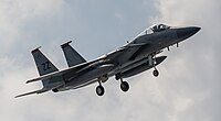 A US Air Force F-15C Eagle, tail number 83-0010, on final approach at Kadena Air Base in Okinawa, Japan. The aircraft is assigned to the 67th Fighter Squadron.