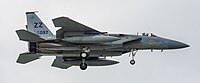 A US Air Force F-15C Eagle, tail number 85-0097, on final approach at Kadena Air Base in Okinawa, Japan. It is assigned to the 44th Fighter Squadron at Kadena AB.