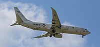 A Boeing P-8 Poseidon, tail number 168761, on final approach at Kadena Air Base in Okinawa, Japan. It is assigned to Patrol Squadron 45 (VP-45) at NAS Jacksonville, Florida, United States.