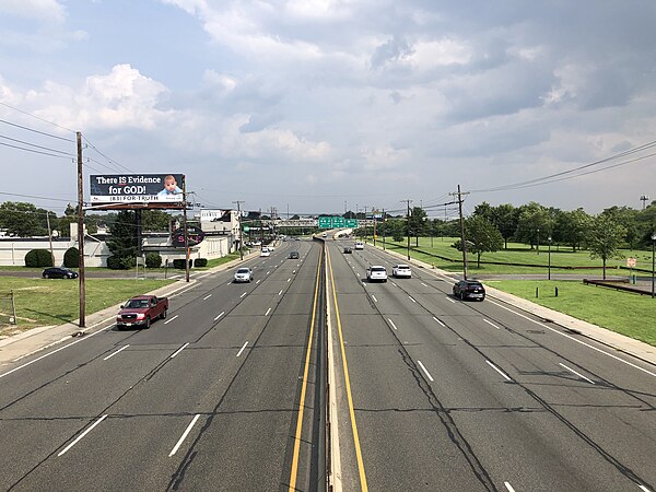 US 30 eastbound on the Admiral Wilson Boulevard approaching US 130 and Route 38 at the Airport Circle in Pennsauken Township