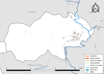 Carte en couleur présentant le réseau hydrographique de la commune