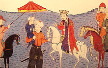 Mongol rulers Arghun and Abaqa were Buddhists. From the 14th century Universal History by Rashid-al-Din Hamadani. AbaqaOnHorseArghunStandingGhazanAsAChild.jpg