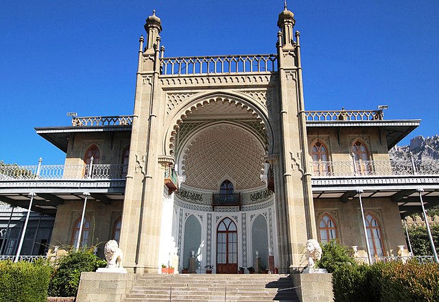 The southern façade of the Vorontsovsky Palace, in the town of Alupka in Crimea.