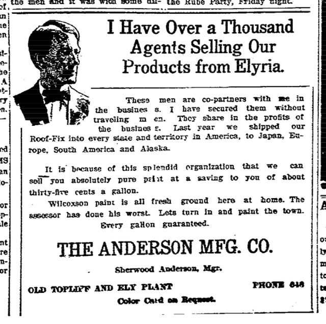Advertisement for the Anderson Manufacturing Co., a company owned by Sherwood Anderson from 1907 to 1913, almost a decade before he became a well-know
