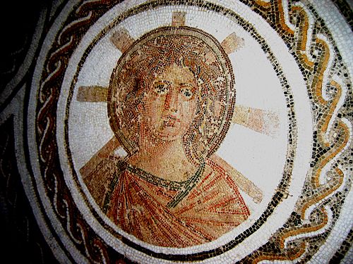 Solar Apollo with the radiant halo of Helios in a Roman floor mosaic, El Djem, Tunisia, late 2nd century