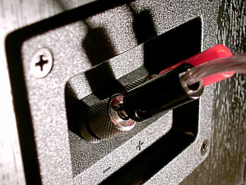 Uninsulated binding posts on a loudspeaker connected to banana plugs