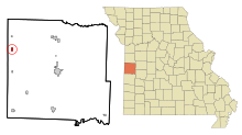 Áreas incorporadas y no incorporadas del condado de Bates en Missouri Ámsterdam destacado.svg