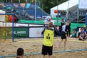 Deutsch: Beachhandball Europameisterschaften 2019 (Beach handball Euro); Tag 5: 6. Juli 2019 – Männer, Platzierungsspiel für die Ränge 5–8, Frankreich-Deutschland 0:2 (18:22, 16:19) English: Beach handball Euro; Day 5: 6 July 2019 – Placement Match/Cross Match for rank 5–8 Men – Frankreich-Deutschland 0:2 (18:22, 16:19)