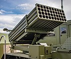 English: MLRS Shkval 122mm. 10th international exhibition of arms and military machinery Milex-2021 (23-26 June 2021). Minsk, Belarus Русский: РСЗО Шквал 122мм. 10-я международная выставка вооружения и военной техники Milex-2021 (23-26 июня 2021). Минск, Беларусь