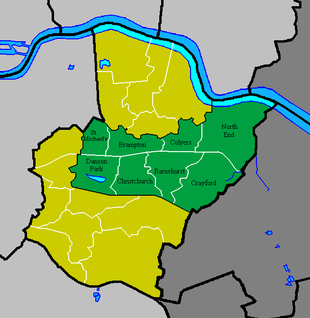 Revised wards and boundaries of The Bexleyheath and Crayford constituency (green) within the London Borough of Bexley (yellow) Bexleyheath and Crayford.PNG