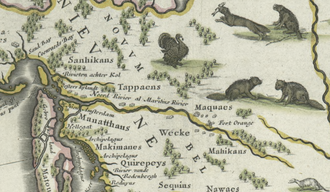 A map of the Hudson River Valley c. 1635 (North is to the right) Hudson County is called Oesters Eylandt, or Oyster Island