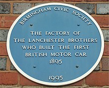 Blue plaque, on former factory on Montgomery Street, Sparkbrook, Birmingham Blue plaque to Lanchester brothers.jpg