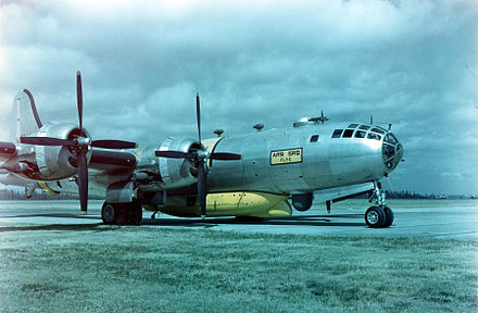 An SB-29 "Super Dumbo", a variant of the B-29 Superfortress, with an air-droppable EDO A-3 lifeboat rigged underneath