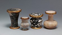 Selection of stone vessels naming Thutmose III Bottle and lid naming Thutmose III MET DP116086.jpg