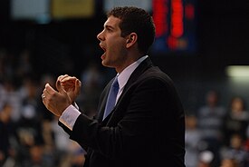 Stevens offering encouragement from the sidelines during a 2008 game against Detroit Brad Stevens encouraging the team.jpg