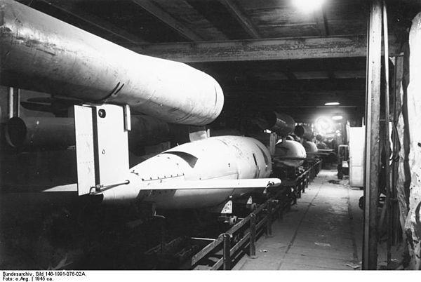 V-1 cruise missile assembly line at the Mittelwerk II underground facility