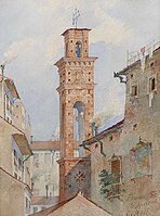 Klokkentoren anno 1885, aquarel door Karl Mell (1851–1936)
