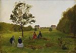 Herrskap vid Ekolsunds slott, visandes trädgården ca 1860 av Carl Stefan Bennet.