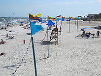 Blaue, rote und gelbe Fahnen, die an Stangen gehisst werden, reihen sich an einem Strand in den Sand.Die Flaggen sind mit Lichterketten verbunden.Das Meer und die Menschen sind unter den Flaggen im Hintergrund sichtbar.