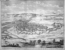 The fortified town from an engraving of 1745. On the left the river Po, and to the right the star-shaped cittadella