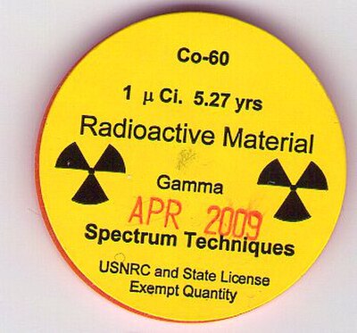 Sample of cobalt-60 that emits 1 μCi (microcurie) of radioactivity; i.e. 37,000 decays per second.