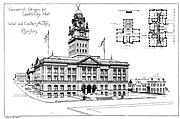 Rejected competition design for the Lowell City Hall and Lowell City Library, Lowell, Massachusetts, 1888.